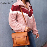 Nadafair Casual Fleece Sweatshirt Women 2019 Patchwork Zip Faux Fur Oversized Winter Fluffy Hoodie Female Plus Size Pullovers