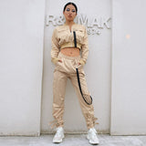 Christmas Gift Women Suit Crop Tops Pants Two Piece Female Spring Autumn Casual Sets Buckle Streetwear Jacket Pant Set Lady Work Suits