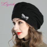 Christmas Gift New style women's winter beret knitted wool angora beret Decoration Two-color butterfly double warm Hat