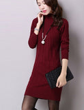 Kukombo Autumn Winter Solid Knitted Cotton Sweater Dresses New Women Fashion Turtleneck Pullover Female Knitted Dress Vestidos
