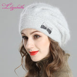Christmas Gift New style women's winter beret knitted wool angora beret Decoration Two-color butterfly double warm Hat