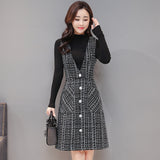 Kukombo Women Autumn Winter Vest Dress V-Neck Strap Dress Vintage Sleeveless Pocket Plaid Dress Female Slim Woolen Dresses Vestidos