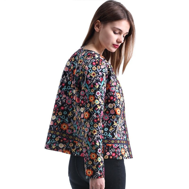 Kukombo New Botanical Jacket Autumn Basic Short Blazers for Women Spring Multicolor Collarless Female Fashion Elegant Coat