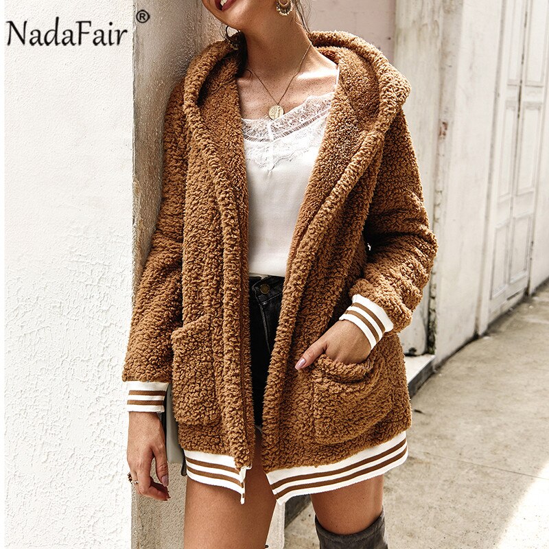 Nadafair Faux Fur Coat Women Hooded Winter Casual Teddy Coat Autumn Pockets Plus Size Fur Jacket Fleece Fluffy Overcoat Outwear