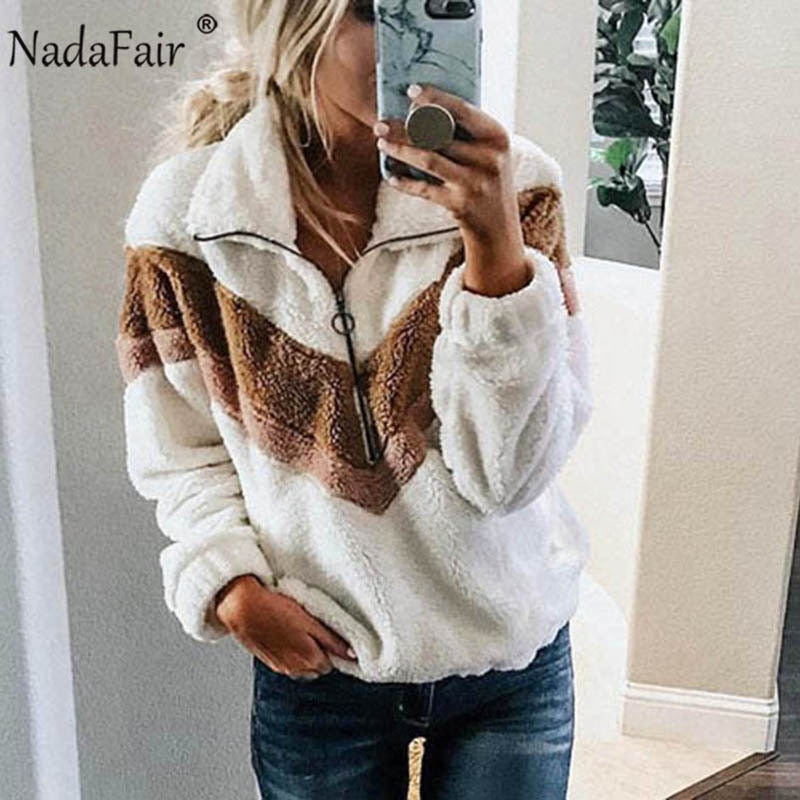 Nadafair Casual Fleece Sweatshirt Women 2019 Patchwork Zip Faux Fur Oversized Winter Fluffy Hoodie Female Plus Size Pullovers