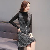 Kukombo Women Autumn Winter Vest Dress V-Neck Strap Dress Vintage Sleeveless Pocket Plaid Dress Female Slim Woolen Dresses Vestidos