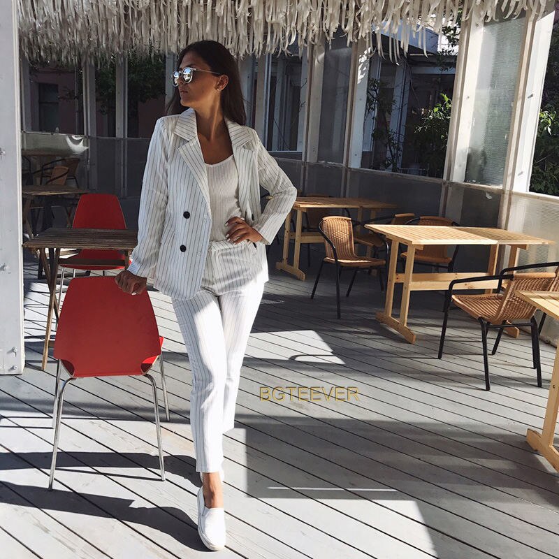 Christmas Gift Work Pant Suits OL 2 Piece Sets Double Breasted Striped Blazer Jacket & Zipper Trousers Suit For Women Set Feminino Spring