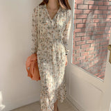 Christmas Gift BGTEEVER Elegant Ruched Floral Print Women Autumn Dress Sexy V-neck Full Sleeve Female Long Dresses 2021 Spring Chiffon Vestidos