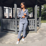 Christmas Gift Work Pant Suits OL 2 Piece Sets Double Breasted Striped Blazer Jacket & Zipper Trousers Suit For Women Set Feminino Spring