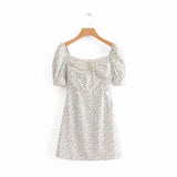 Kukombo Floral Vintage Dress Women Summer Beach Dress Elegant Square Collar White Party Dress Sexy Mini Dress Puff Sleeve Vestidos Fall