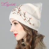 Christmas Gift Women Autumn And Winter Hat angora Knitted Skullies Beanies Cap diamante blossom decoration hats for Girls