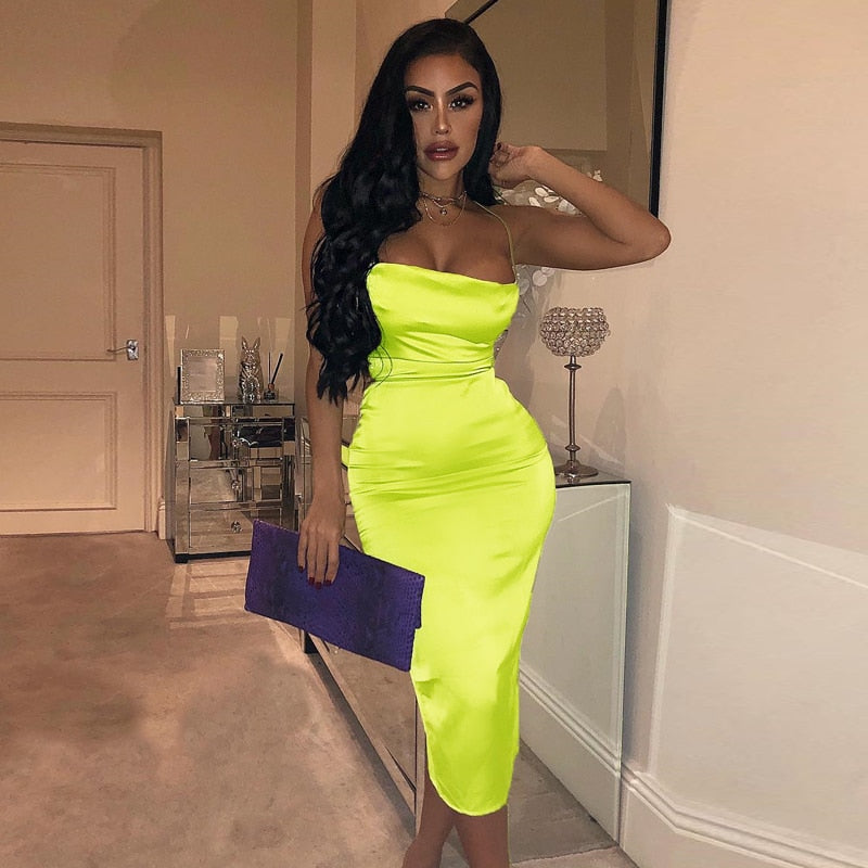 Kukombo neon satin lace up 2022 summer women bodycon long midi dress sleeveless backless elegant party outfits sexy club clothes