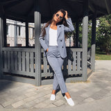 Christmas Gift Work Pant Suits OL 2 Piece Sets Double Breasted Striped Blazer Jacket & Zipper Trousers Suit For Women Set Feminino Spring