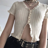 Kukombo Christmas Gift Summer Women Harajuku Knitted Short Ruffles Sleeve Shirt Crop Top Street Wear Femme Knit Skinny Tee Shirt Women