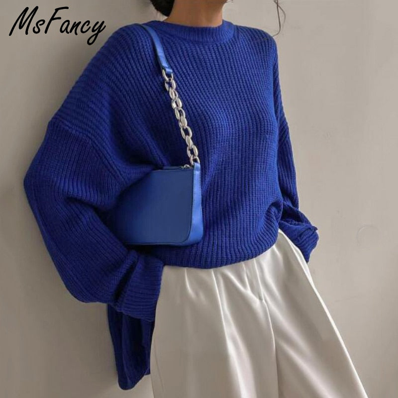 Christmas Gift Msfancy Fall Sweaters Women Korean Fashion Blue O-neck Knitted Oversized Pullovers 2021 Long Sleeve Casual Tops