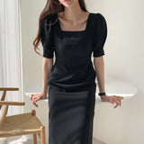 Christmas Gift Korean Chic French Dress Light Ripe Neck Sexy Dress Medium Length Over Knee Bubble Sleeve Dress Elegant