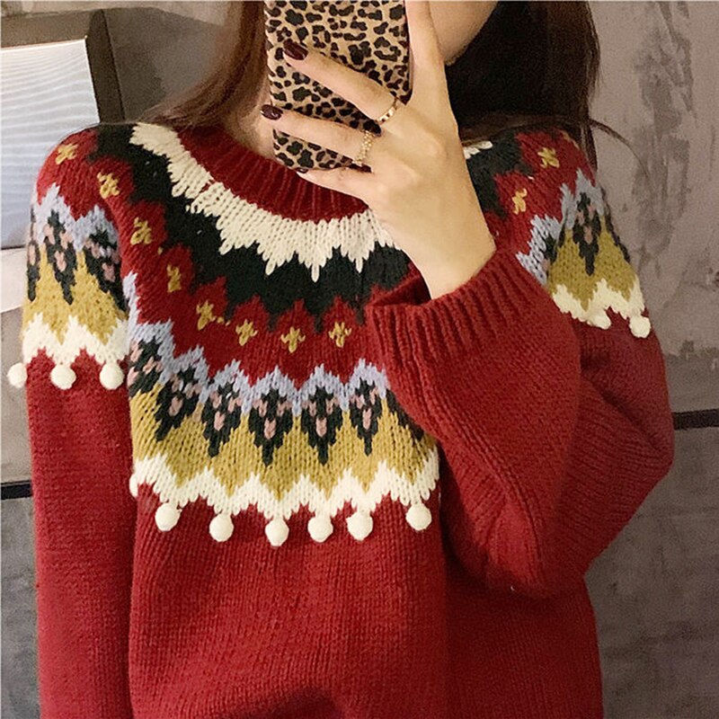 Christmas Gift Christmas Jacquard Pullovers Ladies Round neck Sweater Women Autumn Winter Long Sleeve Loose Knitted Warm Thick Jumpers
