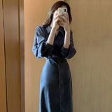 Kukombo Korean Chic Temperament Lapel Dress Single Breasted Lace Up Waist Shirt Skirt Slim Over Knee Long Lantern Sleeve Dress