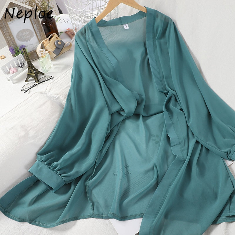 Neploe Korean Women Long Sleeve Chiffon Blouses Vintage V Neck Solid L ...