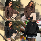Kukombo Harajuku Oversized Hoodies Women Brown Letter Embroidery Cotton Long Sleeve Pullover Girls Casual Aesthetic Sweatshirts