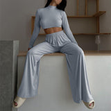 Kukombo  Sexy Two Piece Set Women Skinny Turtleneck Long Sleeve Cropped Top And Elastic Wide Leg Pant Suit Elegant Female Solid Tracksuit