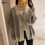 Christmas Gift Winter V-neck Button Stripes Sweater Long Sleeve Christmas Cardigan Sweater Knitted Loose Oversize Jumper Tops Jacket Coat 17620