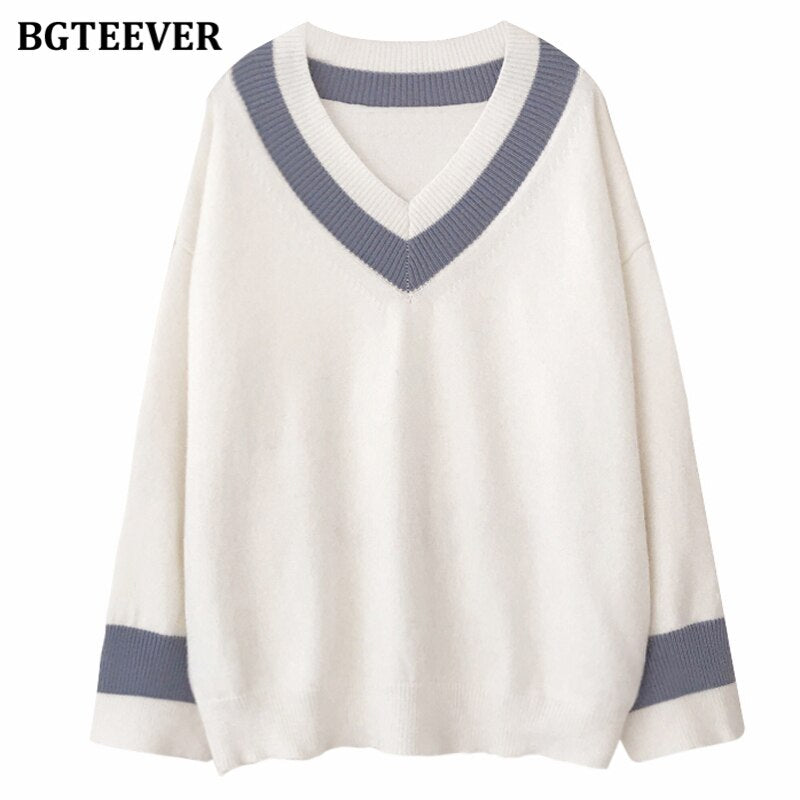 Christmas Gift BGTEEVER Chic Patchwork V-neck Women Sweater Tops 2021 Autumn Winter Long Sleeve Casual Knitted Pullovers Jumpers Femme