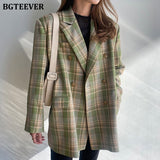 Christmas Gift BGTEEVER Vintage Loose Women Jacket Plaid Blazer Autumn Chic Double Breasted Female Long Suit Jackets Stylish Ladies Blazer