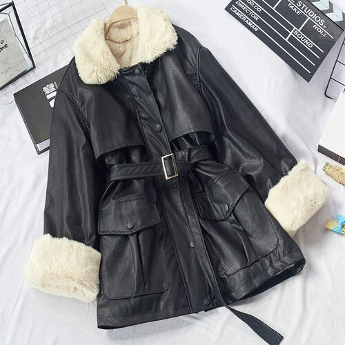 Christmas Gift eather clothes winter 2021 new Korean Pu fur one-piece fur collar lace up Plush jacket fashion motorcycle clothes women's coat