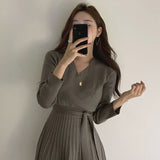 Kukombo Stylish V-neck Lace Up Knitted Dress Women Full Sleeve Office Ladies A Line Sweater Dress Female Knitting Vestidos