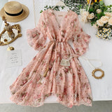 Kukombo Women Chiffon Dress 2022 Summer Sexy V-neck Flare Sleeve Floral Sweet Tulle Dress Elegant Ladies Irregularity Robe