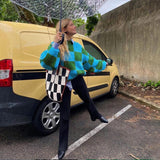 Kukombo Geometric Cube Pullovers Sweaters Autumn Winter Loose Oversized O-Neck Contrast Color Knitted Sweaters Korean College Jumper