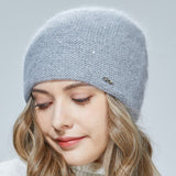 Christmas Gift Women hat  Knitted double layer for warmth Angora wool Front diamond decoration For girl Three-dimensional sewing
