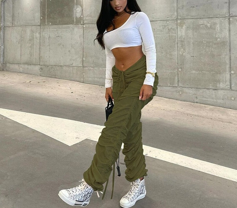 Christmas Gift JuSaHy Autumn Y2K Solid Casual Straight Pants for Women Fashion Pleated High Waist Elastic Trousers Streetwear Female Bottoms