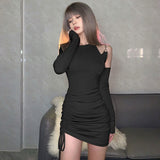 Kukombo  Women Black Retro Careful Machine Off-shoulder Long-sleeved Dress Autumn Design Pleated Thin High-waisted Hot Girl Short Skirt