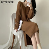 Christmas Gift BGTEEVER Casual V-neck Loose Female Long Knitted Dress Full Sleeve Side Split Autumn Winter Women Sweater Dress Vestidos