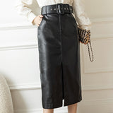 Christmas Gift Square Buckle Belt Mid-length High Waist Skirts Solid Pocket A-line Straight Split Pencil Skirt Hip-wrap PU Leather Skirts 17098