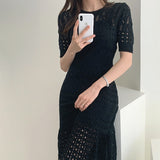 Kukombo Elegant Hollow Out Women Knit Short Sleeve High Waist Bandage With Vest Midi Female Fashion Chic Dress