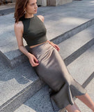 Kukombo Elegant High Waist Satin Silk Skirt Women Spring Solid Slim A-line Skirt Women White Party Mid-Calf Skirt Lady Office