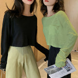 Kukombo Long Sleeve T-Shirts Women Crop Top Solid Thin Sun-Proof Korean Style Loose All-Match Teens Chic Ins Womens Trendy Ulzzang New