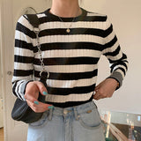 Kukombo New 2022 Spring Autumn Women's Sweaters Pullover Slim Bottoming Knitted Striped Vintage Korean Lady Wild Tops SW6690