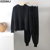Christmas Gift 2 Pieces Set Women hooded sweater Tracksuit Turtleneck Sweater + Carrot Jogging Pants Pullover Sweater Set CHIC Knitted Outwear
