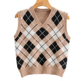Christmas Gift HEYounGIRL Argyle Khaki Cropped Sweater Vest  Vintage Sleeveless Knitted Pullover Women V Neck Preppy Style Tank Vest Autumn