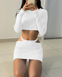 Kukombo ribbed hollow out women 2 piece set crop top long sleeve button mini skirt bodycon sexy streetwear spring autumn co ords