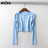Christmas Gift Aproms Candy Color Ribbed Knitted Cardigan Women Autumn Winter Long Sleeve Basic Cropped Sweaters Female Casual Short Jumper Top
