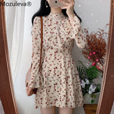 Kukombo Elegant Stand Collar Ruffles High Waist Women Dress Short Dress Female Lace Up Floral Print Vestidos femme