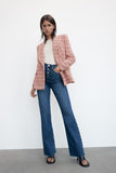 Kukombo Women Fashion Texture Double Breasted Check Blazer Coat Vintage Long Sleeve Pockets Female Outerwear Chic
