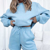Kukombo  Women Solid Tracksuits Casual Long Sleeve Pullover Sweatshirt And Drawstring Shorts Suits Fashion Loose Female Two Piece Sets