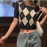 Kukombo Sweaters Women Knitted Cropped Trendy Single Breasted Short Sleeve Slim Preppy Style Leisure Retro Female Students Cardigans New