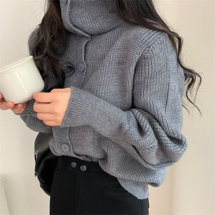 Christmas Gift New 2021 Women's Sweaters Winter Spring Turtleneck Fashionable Buttons Oversize Short Cardigans Knitwear SWC1253JX